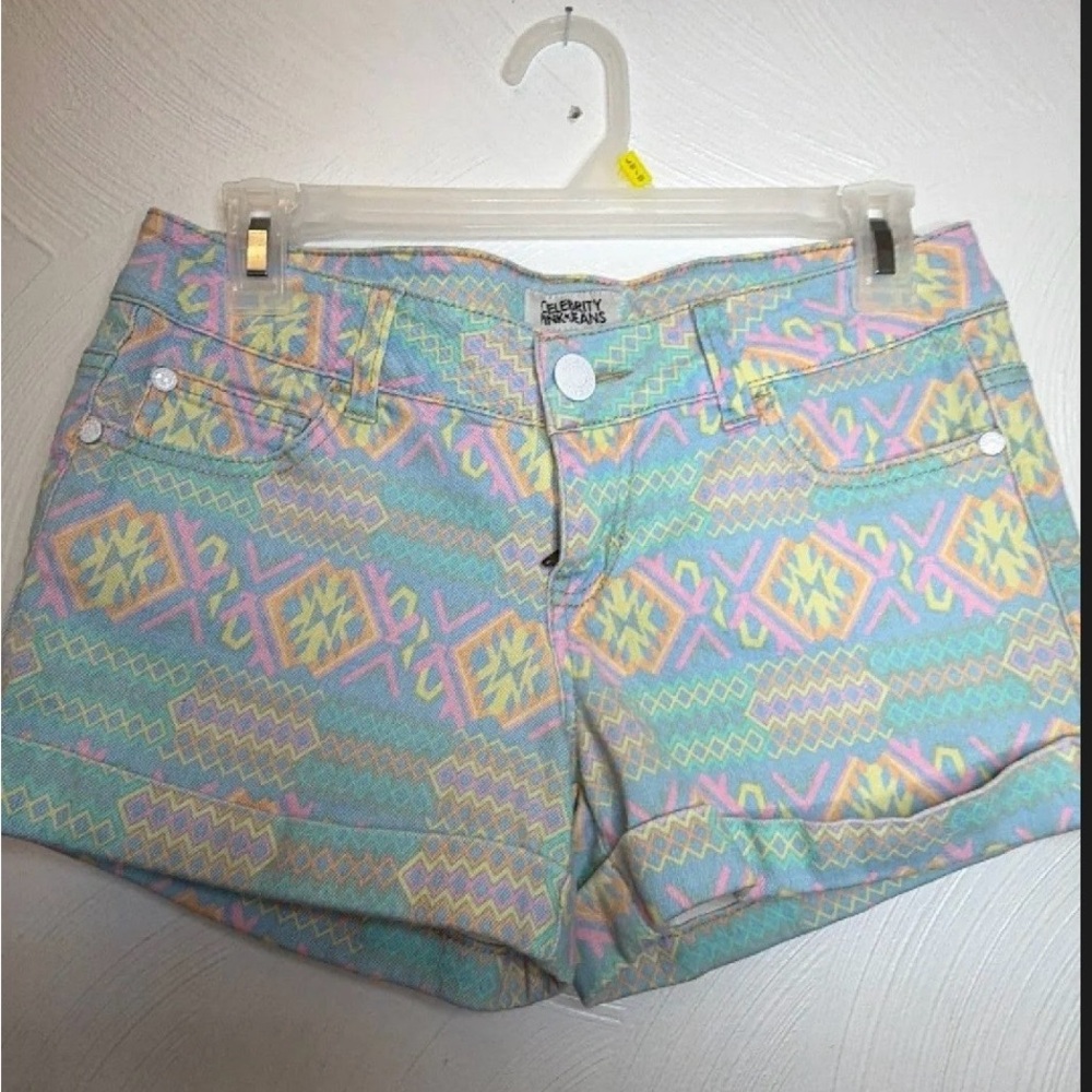 Celebrity Pink Pastel Aztec Jean Shorts in Mint, Pink & Yellow